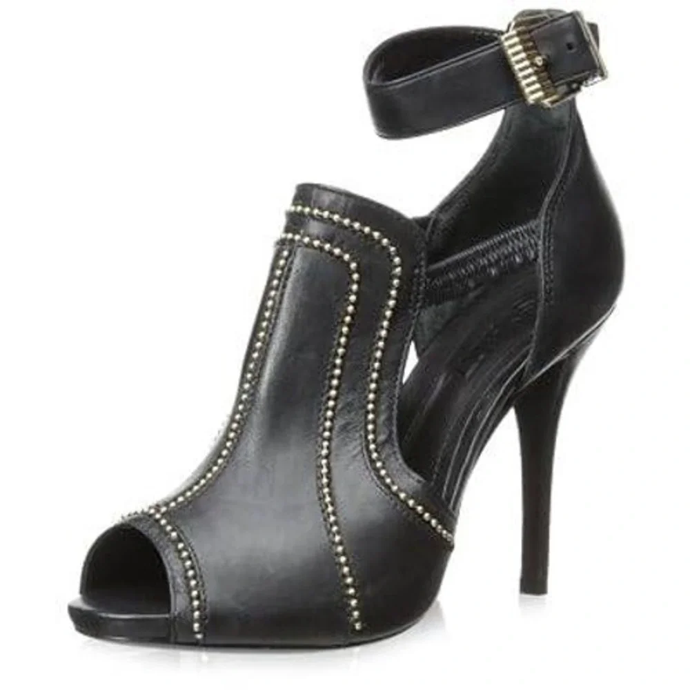 Schutz Womens Cwen Black Leather Gold Studded Peep Toe Stiletto Heels 10B